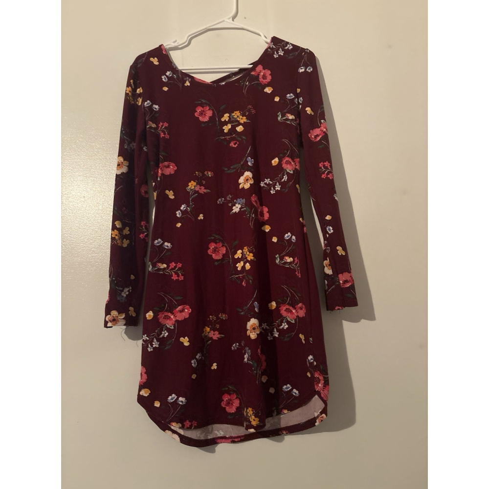 Boho Burgundy Floral Long Sleeve Dress Caged Criss Cross Back Juniors M 7-9